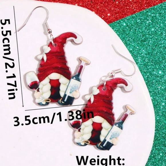 Girl gnome red wine bottle and glass 925 sterling silver hooks earrings - Picture 2 of 2